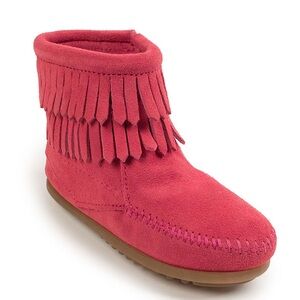 Minnetonka Double Fringe Side Zip Boots Hot Pink